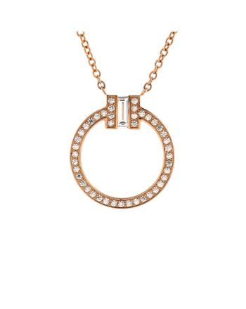 T Circle Pendant Necklace 18K Rose Gold with Diamonds and Center Baguette Diamond Small