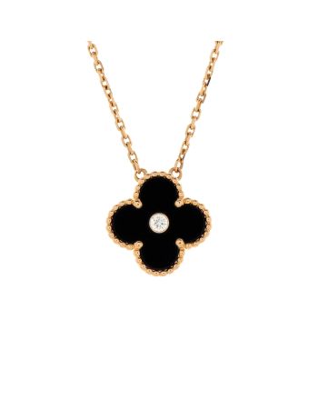 Vintage Alhambra Pendant Necklace 18K Rose Gold and Onyx with Diamond