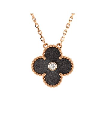 Vintage Alhambra Pendant Necklace 18K Rose Gold and Silver Obsidian with Diamond