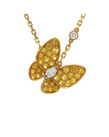 Two Butterfly Pendant Necklace 18K Yellow Gold with Yellow Sapphires and Diamonds