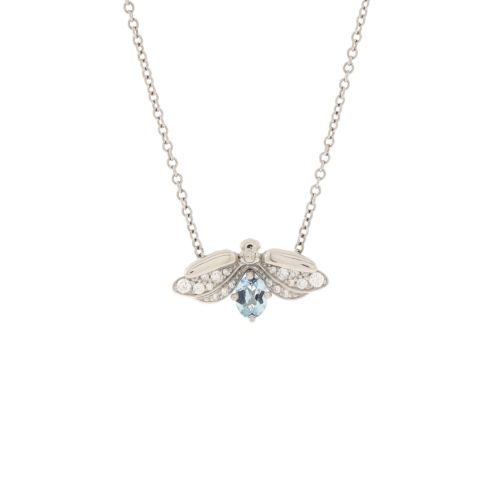 Paper Flowers Firefly Pendant Necklace Platinum with Diamonds and Aquamarine Small