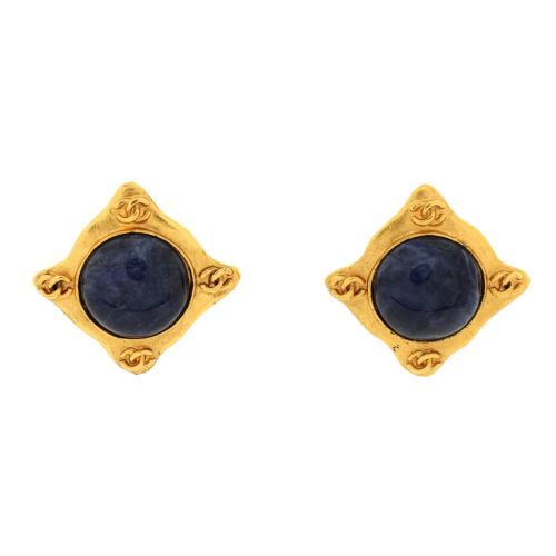 Vintage CC Square Clip-On Earrings Metal and Stone