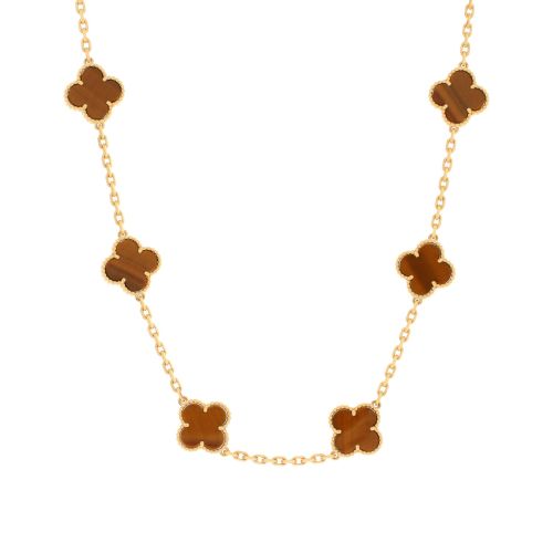 Vintage Alhambra 10 Motifs Necklace 18K Yellow Gold and Tiger Eye