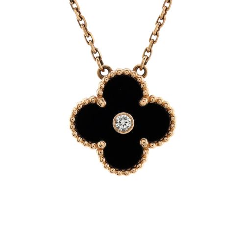 Vintage Alhambra Pendant Necklace 18K Rose Gold and Onyx with Diamond